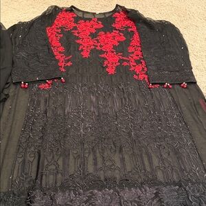 Elegant Black Dress with Red Floral Embroidery